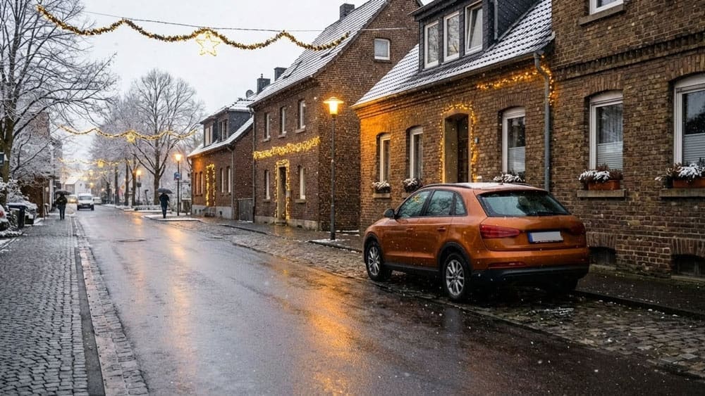 Ein orangefarbener Auto parkt an einer ruhigen Wohnstraße in Deutschland vor braunen Klinkerhäusern, nasse Straße, leichter Schneefall und sanftes Winterlicht – authentische Alltagsszene.