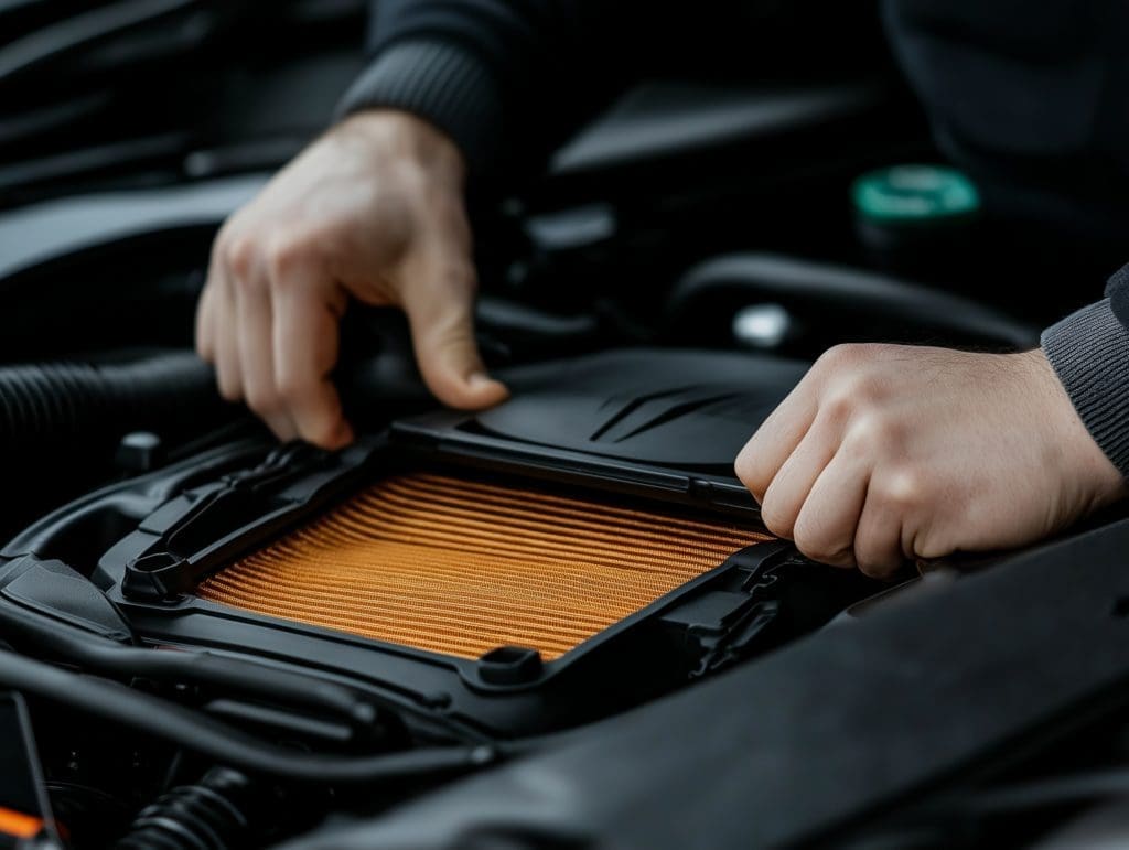 Hände beim Austausch eines Luftfilters im Motorraum – Teil des Wartungsservices.