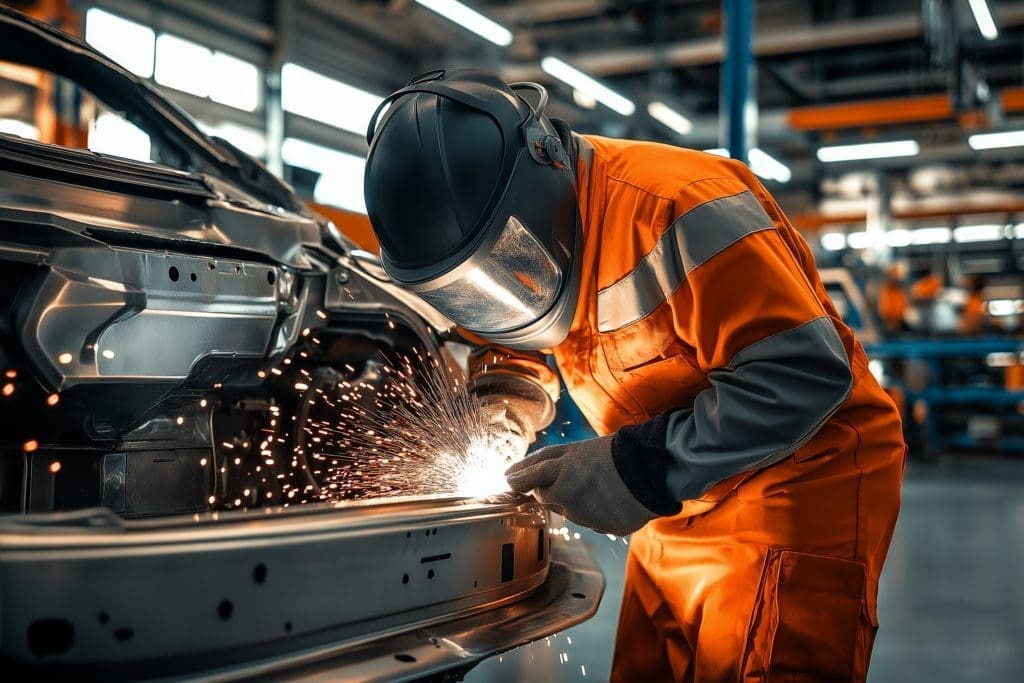 Schweißer mit Schutzkleidung arbeitet an Fahrzeugteil – Funkenflug in der Werkstatt.