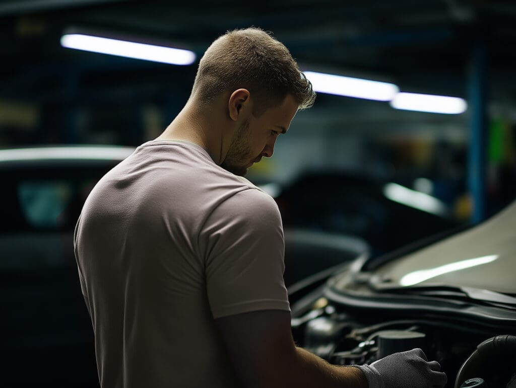 Mechaniker im Halbdunkel mit Lichtreflexionen – Fokussierte Arbeit in der Werkstatt.