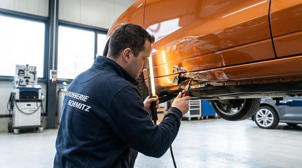 Karosserie Reparatur in Willich: Mitarbeiter von Carosserie Schmitz setzt beschädigten Schweller an orangefarbenem Fahrzeug fachgerecht instand